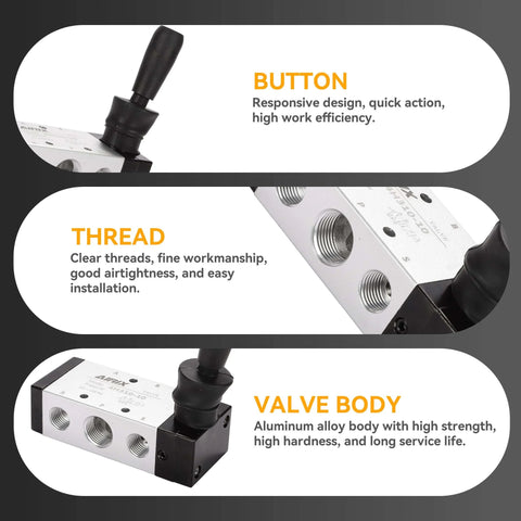 Close-up of Hand Lever Pneumatic Valve Five Port Two Position Half Inch NPT Aluminum Body showing button, thread, and valve body.