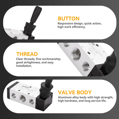 Hand Lever Pneumatic Valve With Manual Override 5 Port 2 Position One Quarter Inch NPT Built Tough Aluminum Body