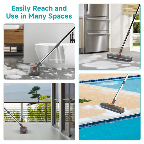 3 In 1 Floor Scrub Brush With Long Adjustable Handle Heavy Duty Stiff Bristles And 90 Degree Design Squeegee And Tweezer For Cleaning Bathrooms Kitchens Garages Tiles Decks And Patios Gray