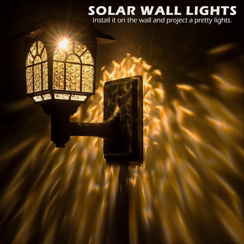 4 Pack Solar Fence Lights Outdoor Waterproof Lanterns Warm White LED wall light projecting warm glow on wall