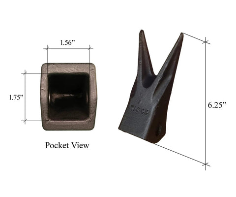 Twin Tiger Rock Bucket Teeth With Pins For Backhoes And Excavators 230WTL 23WTL 230PN Set Of 4 pocket view dimensions