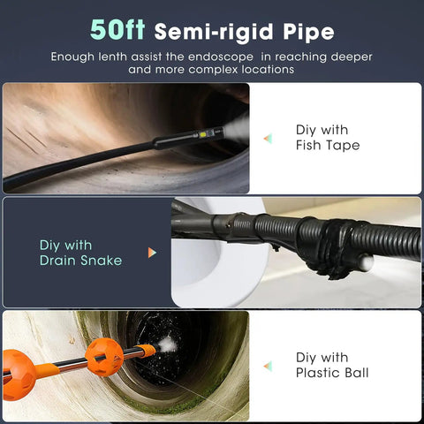 Pro Grade 5 Inch Triple Lens Handheld Endoscope With Light And Screen 1080P HD Borescope For Inspections Front And Side View Camera Bright IPS Display Easy To Use Industrial Repair Tool, 50ft semi-rigid pipe for drain and fish tape use