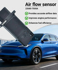 Mass Air Flow Sensor MAF Replacement for Nissan Altima and Infiniti Cars in front of blue car, direct-fit component shown.