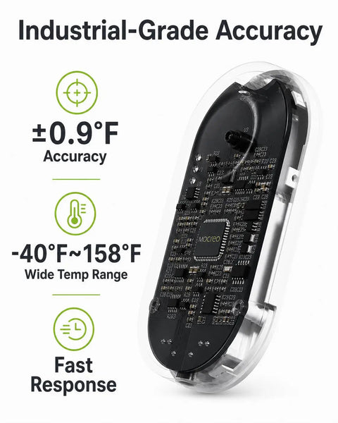 Fridge And Freezer Temperature Monitor With Flat Probe And App Alerts BLE Addon For Your Smart Hub System Works With H1 H2 H3 H5 H6 Hubs Easy Setup No Extra Kit Needed Keeps Cold Readings On Point. black BLE temperature monitor with flat probe and clear case, 0.9°F accuracy