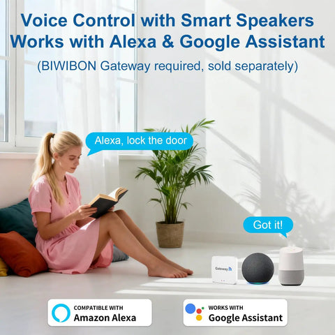 Woman using voice control with Alexa and Google Assistant for Smart Fingerprint Door Lock With 5 Ways To Unlock, Anti Peep Code.