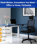 Office chair with mesh back and headrest next to desk, highlighting 360-degree rotation and anti-explosion features in a modern office setting.
