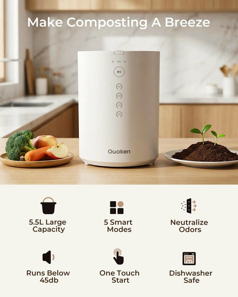 OK-255 Electric Kitchen Composter Turns Food Scraps Into Fertilizer, 5.5L bin on countertop in modern kitchen