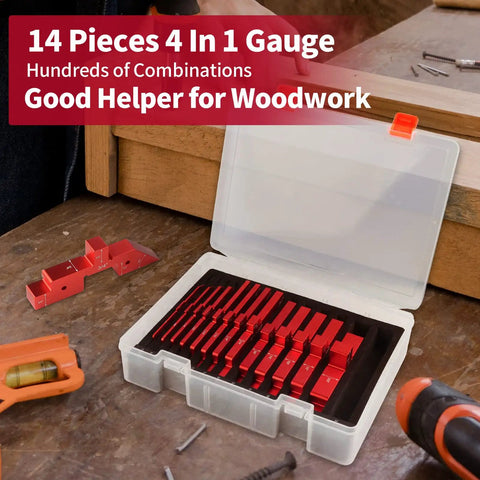 Open case showing 14 Piece Aluminum Setup Blocks For Woodworking Height Gauge Set For Router Table Saw And Angle Measurement.