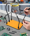Helping Hands Soldering Station With 5X Magnifying Glass And 4 Flexible Arms for Electronics Repair PCB Work on orange base
