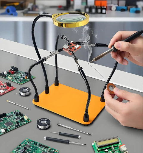 Helping Hands Soldering Station With 5X Magnifying Glass And 4 Flexible Arms for Electronics Repair PCB Work on orange base