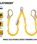 Double Leg 6 Foot Fall Protection Lanyard With Internal Shock Absorber, yellow, CSA and ANSI compliant, with snap and rebar hooks.