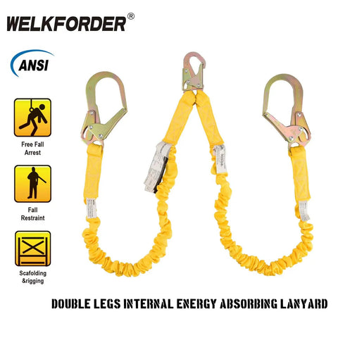 Double Leg 6 Foot Fall Protection Lanyard With Internal Shock Absorber, yellow, CSA and ANSI compliant, with snap and rebar hooks.