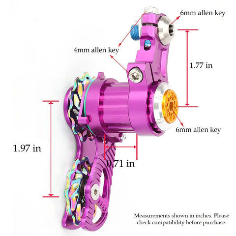 Close-up of Single Speed Chain Tensioner Kit For Hardtail MTB BMX DJ And Folding Bikes, CNC 6061 Aluminum, showing measurements.