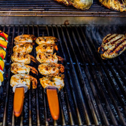 Grilled shrimp skewers and vegetables on stainless steel grid for gas grills. Starter Kit With Natural Sugar Maple Charcoal Chips