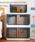 No Sweat Organizing With These Heavy Duty Plastic Storage Boxes With Lids, Built Tough 19 Gallon Collapsible Folding Bins For Closets And Garages Stackable Home Organization Crates 3 Pack shown as a nightstand and table with contents.