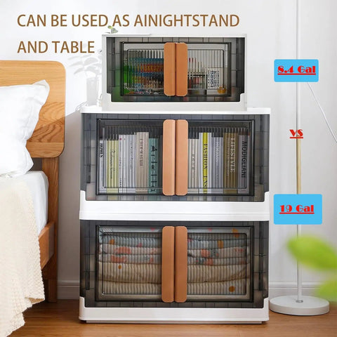 No Sweat Organizing With These Heavy Duty Plastic Storage Boxes With Lids, Built Tough 19 Gallon Collapsible Folding Bins For Closets And Garages Stackable Home Organization Crates 3 Pack shown as a nightstand and table with contents.