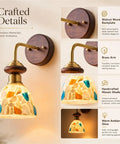 BZXNC Indoor Wall Sconce Lamp, Vintage 12.20" Copper, Compact Structure with walnut wood backplate and colorful mosaic shade.
