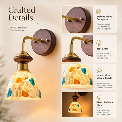 BZXNC Indoor Wall Sconce Lamp, Vintage 12.20" Copper, Compact Structure with walnut wood backplate and colorful mosaic shade.