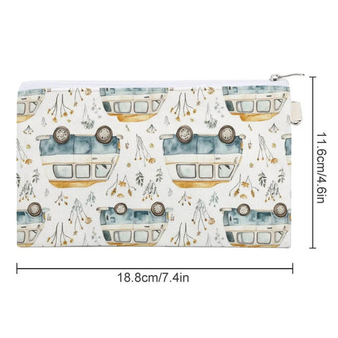 Slim Canvas Coin Purse And Card Holder For RV Lovers And Camp Buddies Zippered Wallet, camper van pattern, 7.4x4.6 inches