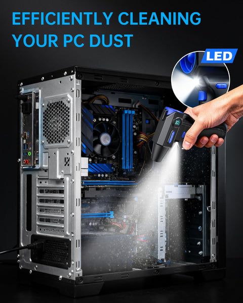 Cordless Air Duster With LED Light And 150000 RPM Brushless Motor in use on a PC interior for efficient cleaning
