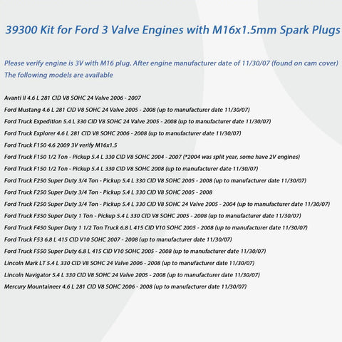 39300 kit for Ford 3 valve engines with M16x1.5mm spark plugs list displayed on a blue and white background