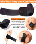Illustration of 2 Pack Wrist Wraps For Carpal Tunnel Relief And Pain Prevention, shown in use with easy adjustment guide for men and women.