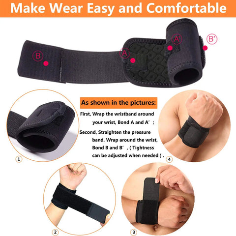 Illustration of 2 Pack Wrist Wraps For Carpal Tunnel Relief And Pain Prevention, shown in use with easy adjustment guide for men and women.
