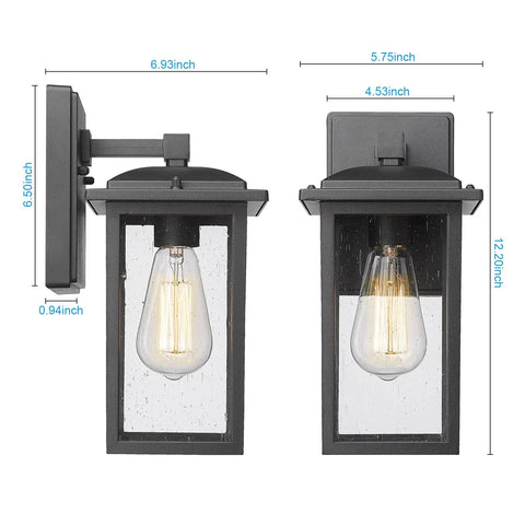 2 Pack Outdoor Wall Sconces Lantern Lights With Seeded Glass In Black Finish, Weatherproof Aluminum Exterior Fixtures