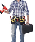 Heavy Duty Black Polypropylene Toolbox Organizer With Reinforced Carry Handle And Tight Seal Lids For Sorting Hand Tools Fasteners And Workshop Gear That Is Built Different And Ready For Any Job Site held by a man in a tool belt.