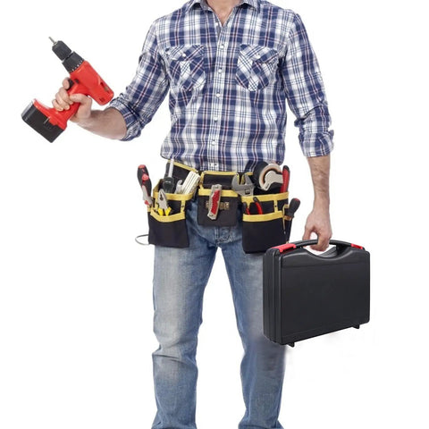 Heavy Duty Black Polypropylene Toolbox Organizer With Reinforced Carry Handle And Tight Seal Lids For Sorting Hand Tools Fasteners And Workshop Gear That Is Built Different And Ready For Any Job Site held by a man in a tool belt.