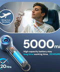 Person using On The Go Turbo Handheld Fan For Outdoor Adventures With 5000mAh Battery on an airplane with digital display.
