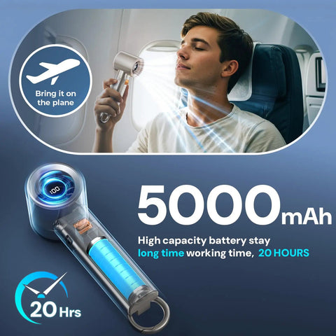 Person using On The Go Turbo Handheld Fan For Outdoor Adventures With 5000mAh Battery on an airplane with digital display.