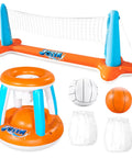 Inflatable Pool Volleyball And Basketball Game Set With Net And Hoops, 2-in-1 floating toy, includes volleyball court and hoops.