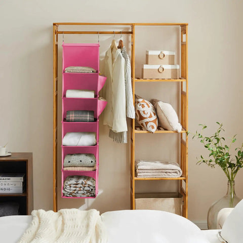 Hanging Closet Organizer With Bamboo Inserts And MDF Tops Pink Space Saving Shelves for Clothes and Accessories in bedroom