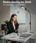 Office desk with a Go-To Floor Lamp With Stepless Dimmer And 3 Color Temperature Modes, adjustable gooseneck providing focused light.