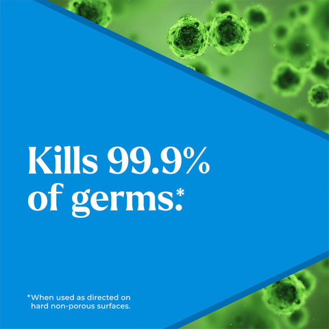 EcoClean Disinfecting Wipes Multipurpose Plant Based Formula That Kills 99.9 Percent Of Germs In Minutes, blue banner with germs