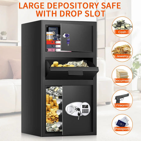 Heavy Duty Depository Drop Safe With Quick Deposit Slot Digital Keypad And Spare Key Perfect For Biz Cash Drops Retail Mailroom Church Or Home Keeps Cash And Documents Secure And Easy To Store in living room setting