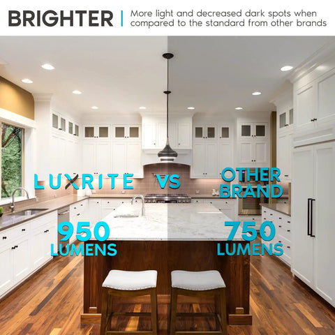 Comparison of Dope 4 Inch LED Recessed Can Lights Kit with 950 lumens in a kitchen vs another brand with 750 lumens.