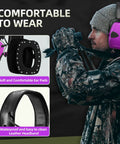 Electronic Shooting Ear Protection With 4X Sound Amplification And Slim Active Noise Reduction Earmuffs in pink, worn by archer