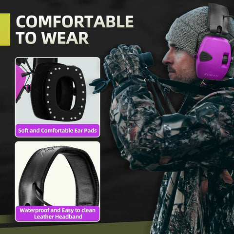 Electronic Shooting Ear Protection With 4X Sound Amplification And Slim Active Noise Reduction Earmuffs in pink, worn by archer
