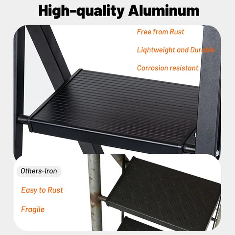 Aluminum Three Step Ladder With Tool Tray 600 Lbs Heavy Duty Lightweight Step Stool With Extended Handrails And Work Platform For Home Maintenance And DIY Projects Black And Orange, black aluminum step platform showing rust-free surface
