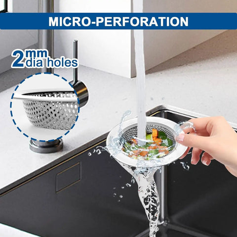 Person using 2 Pack Stainless Steel Kitchen Sink Strainer Set With Wide 4.5 Inch Rim Fits Most Standard Drains And Garbage Disposals Rust Free With 2mm Holes Smooth Rolled Rim That Will Not Scratch Hands in sink