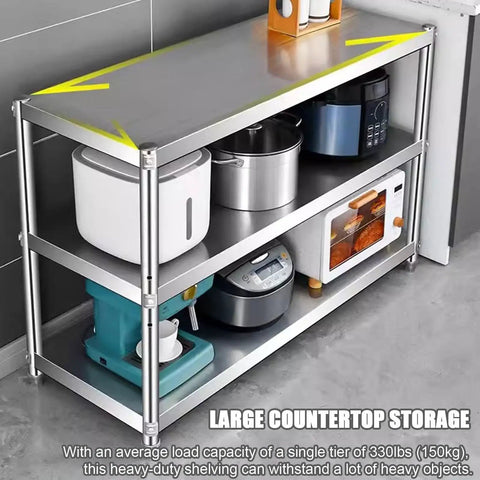 Heavy Duty Stainless Steel Shelving Unit Badass Three Shelf Storage Rack For Kitchen Garage And Commercial Office with kitchen appliances.