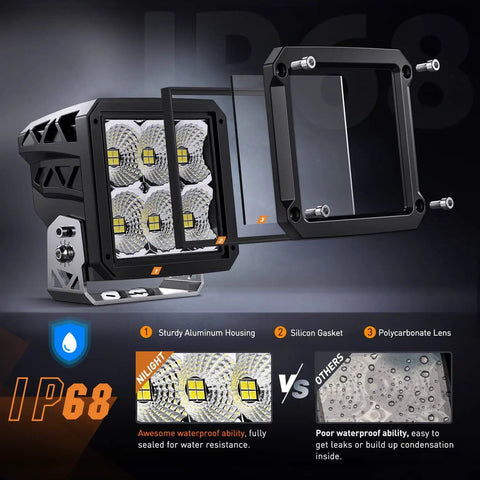 Exploded view of waterproof 2 Pack 4 Inch LED Pod Lights 120W Each 13500LM Beast Bright Flood Beam 120 Degree with 14AWG DT Connector.