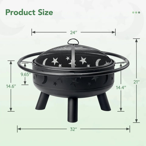 32 Inch Round Fire Pit With Mesh Cover And Fire Poker Star And Moon Design Wood Burning Outdoor Firepit For Patio Backyard