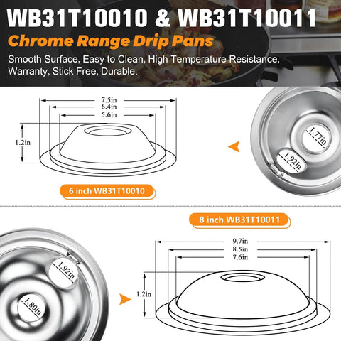 Diagram illustrating dimensions of chrome range drip pans for electric stoves fits GE Hotpoint Kenmore electric ranges 4 pack