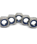 Heavy Duty M3 X 0.5mm Nylon Insert Hex Lock Nuts Forged From Grade 18 8 Stainless Steel With Snag Free Self Locking Action For Tough Shop Tasks And Reliable Hardware Projects, five nut display.