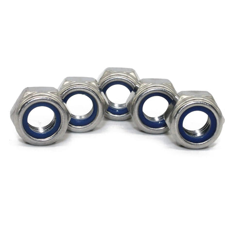 Heavy Duty M3 X 0.5mm Nylon Insert Hex Lock Nuts Forged From Grade 18 8 Stainless Steel With Snag Free Self Locking Action For Tough Shop Tasks And Reliable Hardware Projects, five nut display.