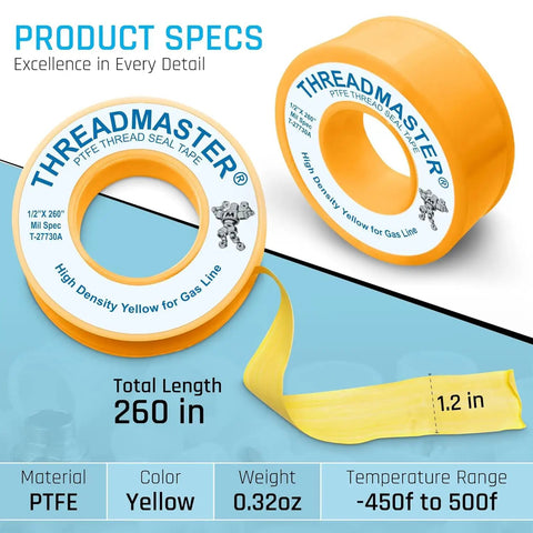 Threadmaster Yellow Gas Pipe Thread Sealant Tape Half Inch Width Two Hundred Sixty Inch Length for propane and natural gas lines.