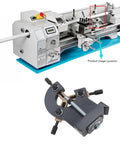 Front view of Baxnore grey metal wood lathe with a 3-point steady rest clamp for wood turning.